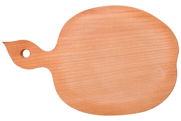 wooden cutting board in the shape of an apple or pear slice, on a white background, frontal arrangement
