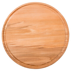 round wooden cutting board for serving and presentation of food, on a white background, frontal arrangement