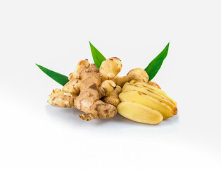fresh ginger roots&slices on a white background,isolated