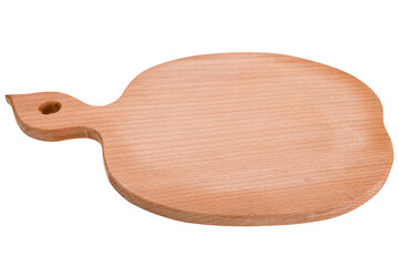 wooden curly cutting board in the shape of an apple slice, on a white background, selective focus