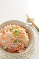 Japanese food, grilled salmon flak mixed rice and green onion