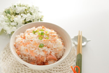 Japanese food, grilled salmon flak mixed rice and green onion