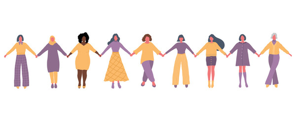 Women are holding hands. International Women's Day concept. Women's community. Female solidarity. Women silhouettes of different races, different ages. Vector illustration