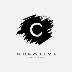 Letter C Logo With Brush Stroke and Splatter Elements. Handwritten Brush Stroke letter C logo design. Creative template suitable for company, logotype, emblem, monogram, jewelry, cosmetic, brand name.