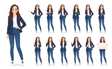 Casual business woman character in different poses set in jeans isolated vector illustration - obrazy, fototapety, plakaty