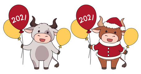 Set of two cartoon cow wearing Christmas costume and holding balloons.