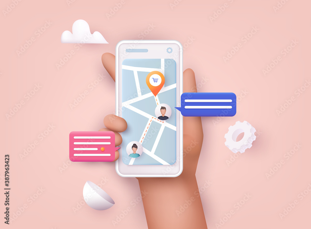 Aufkleber hand holding mobile smart phone with app delivery tracking. vector modern 3d creative info graphics 