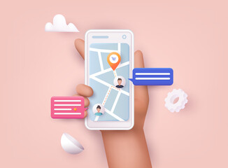 Hand holding mobile smart phone with app delivery tracking. Vector modern 3d creative info graphics design on application.