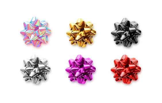 Bows Multi-colored fluffy. Set of realistic holiday gifts bow, 3d festive celebrate objects. New Year, Christmas, decorative elements for birthday. Xmas decor for gifts. vector illustration