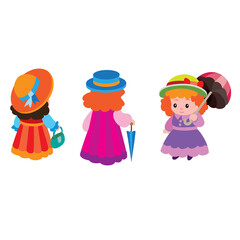 cute little woman with umbrella, front and back view, cartoon illustration, isolated object on white background, vector,