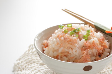 Japanese food, grilled salmon flak mixed rice and green onion