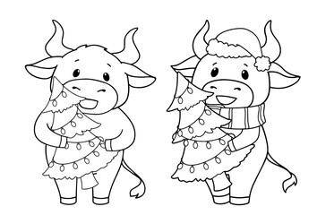 Obraz premium Set of two cartoon cow wearing Christmas costume. Contour vector illustration for children coloring book.