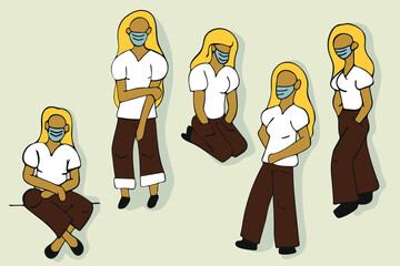 A set of girls in medical masks to prevent disease, flu, air pollution. Vector illustration in flat style