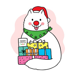 Hand draw cartoon cute Merry Christmas, Dog and gift boxes vector.