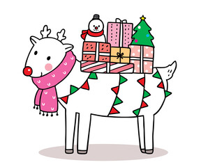 Hand draw cartoon cute Merry Christmas, Deer and gift boxes vector.