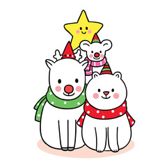 Hand draw cartoon cute Merry Christmas, Deer and polar bear and mouse look like tree christmas vector.