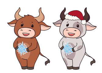 Set of two cartoon cow wearing Christmas costume and holding snowflake.