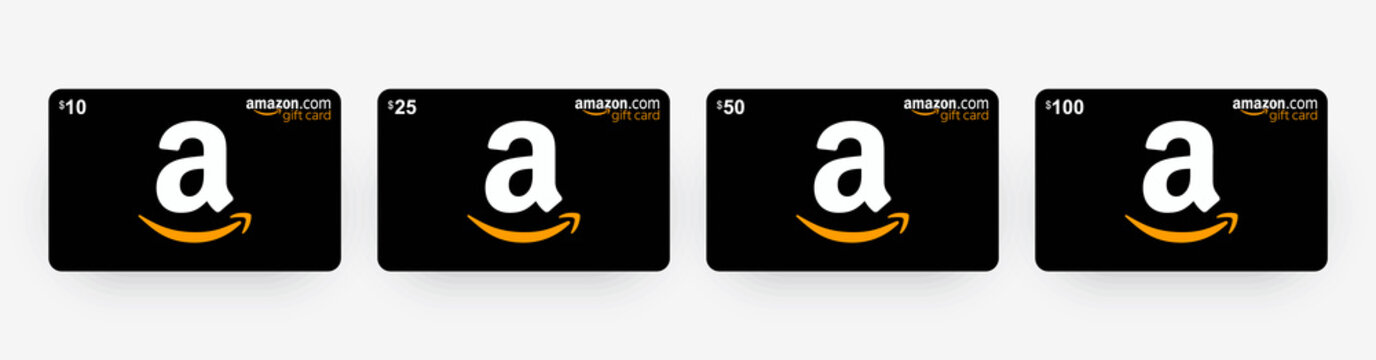 Gift card Amazon 10$, 25$, 50$, 100$. Black Amazon gift card with shadow isolated on light background. Vector illustration EPS10