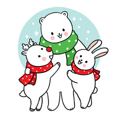 Hand draw cartoon cute Merry Christmas, Deer and polar bear and rabbit vector.