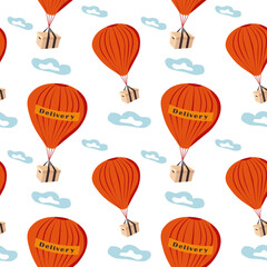 Hot air balloons with delivery boxes. Seamless pattern of shipping goods by air.