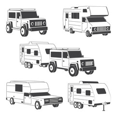 Set of isometric traveler truck camper thin line and silhuette 3d Camping RV trailer family caravan outline icon. RV travel camper isolated on white. Summer camper family travel concept. Vector