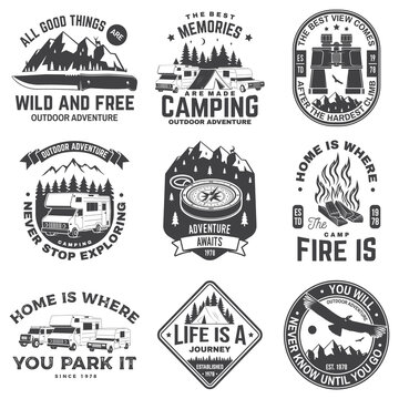 Set of rv camping badges, patches. Vector. Concept for shirt or logo, print, stamp or tee. Vintage typography design with RV Motorhome, camping trailer and off-road car silhouette.