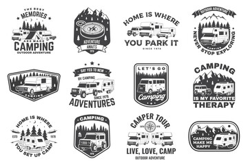 Set of rv camping badges, patches. Vector. Concept for shirt or logo, print, stamp or tee. Vintage typography design with RV Motorhome, camping trailer and off-road car silhouette.