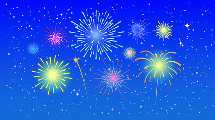Colorful fireworks on blue sky. Festival of fireworks. Vector illustration