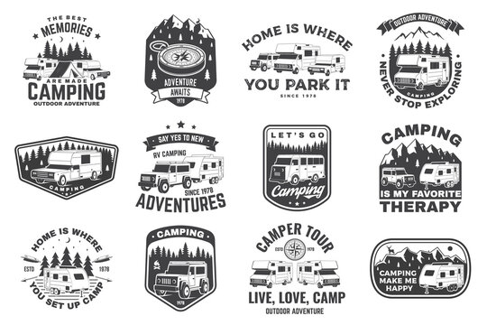 Set of rv camping badges, patches. Vector. Concept for shirt or logo, print, stamp or tee. Vintage typography design with RV Motorhome, camping trailer and off-road car silhouette.