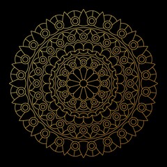 Round golden lace mandala on black background. Beautiful vector design.