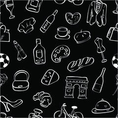 travel, food, outline vector chalk seamless pattern isolated on dark background. Concept for wallpaper, wrapping paper, cards 