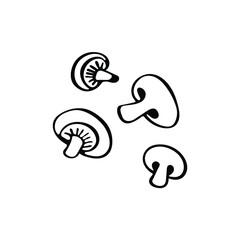 Hand drawn mushrooms in doodle style. Isolated on a white background.
Idea for logo, culinary design, food menu. Black and white vector image.