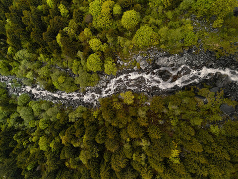 Aerial view of a mountain stream in Val di Mello, Lombardy, Italy.