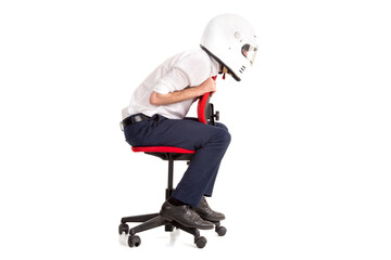 Businessman with helmet racing in a chair