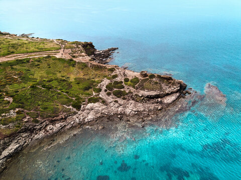Aerial view of a spectacular cove in Porto Ferro, Sardinia, Italy.