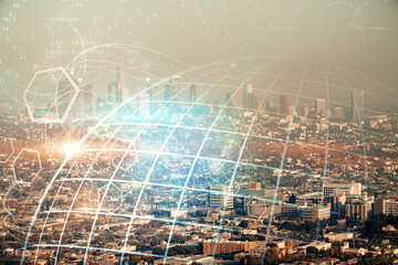 Map and data theme hologram on city view with skyscrapers background double exposure. International technology in business concept.