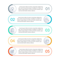 5 steps, option or levels infographic design with business icons. Vertical timeline info graphic template for presentation, information brochure, banner, workflow layout. Vector illustration.