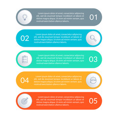 5 steps, option or levels infographic design with business icons. Vertical timeline info graphic template for presentation, information brochure, banner, workflow layout. Vector illustration.