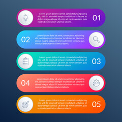 5 steps, option or levels infographic design with business icons. Vertical timeline info graphic template for presentation, information brochure, banner, workflow layout. Vector illustration.