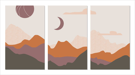 Mid century Abstract mountain landscape with desert, sun, moon in earthy tones, burnt orange and beige. Set of trendy  modern minimalist art print. Nature backgrounds for social media.
