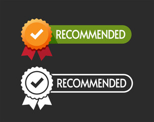 Recommended stamp icon vector isolated on dark background, black and white and flat style recommendation rosette stamp with check mark tick, trusted assurance label badge pictogram