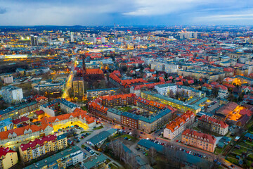Obraz premium View from drone of Katowice cityscape at twilight in spring, Silesia Province, Poland..