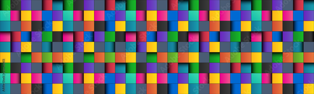 Wall mural colorful square abstract header with black lines. colored square with shadows. pixel mosaic banner. 