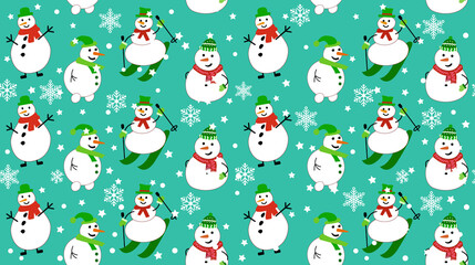 Winter pattern with snowmen and snowflakes. Snowman on skis and in a scarf on green background. Vector Seamless pattern. can be used for Christmas cards or wrapping paper.