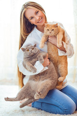 A young beautiful girl holds two fat fluffy cats in her arms. Cute cats. Home pet.