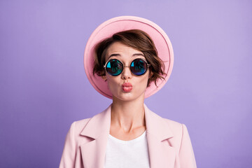 Photo of wavy tender lovely woman lady wear pink retro cap lips pouted isolated purple color background