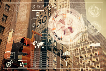 Data theme hologram drawing on city view with skyscrapers background multi exposure. Bigdata...