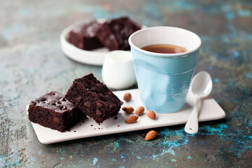 Homemade gluten free dark chocolate brownie cake, selective focus