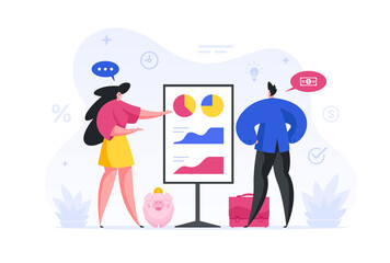People discussing statistics of growth financial investments flat illustration.