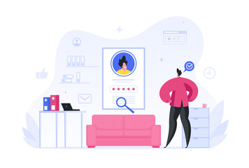 Boss evaluates resume of successful job candidate flat concept.